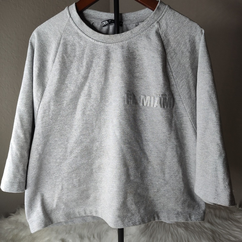 Zara Sweatshirt Womens Small Silver Metallic Miami South Beach Embossed Raglan